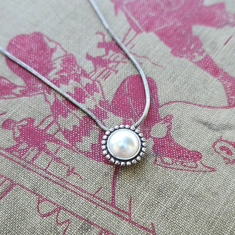 Brighton Silver Tone Faux Pearl Round Pendant Snake Chain Adjustable Necklace